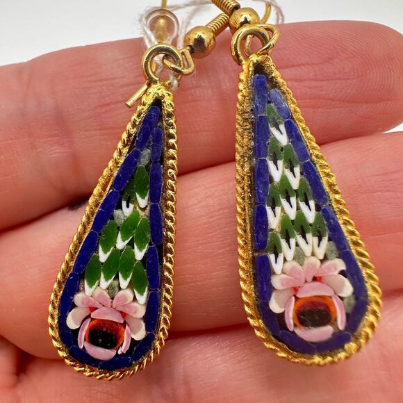 Stunning Italian Florentine micro mosaic dangle/drop earrings! - Picture 12 of 15